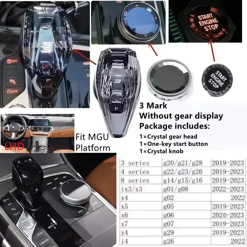 3 Piece Set Crystal Gear Shift Knob Lever Stick Handle for BMW 3 5 6 7 series x3 x5 x6 f30 g15 f01 g20 g05